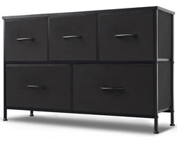 Dressoir / Brede Opbergkast met 5 Stoffen Lades (100 × 30 × 53 cm) – Stevig Metalen Frame – MDF Bovenblad – Industrieel Zwart – Ideaal voor Slaapkamer & Woonkamerkinderkamer HMTM-SC-5D-BK
