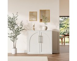 Dressoir / buffetkast met 2 verstelbare planken en kantelbeveiliging – Modern landelijke opberg- en mediakast met gebogen bovenrand voor woonkamer, koffiehoek in de keuken en slaapkamer – 82×80×40 cm – Wit