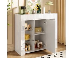 Dressoir – Buffetkast – Opbergkast – Ladekast – Wandkast – Modern Wit Hoogglans – Compact 95x35x83 cm – Glazen Deuren en Planken – Duurzaam Niet-Hout Materiaal