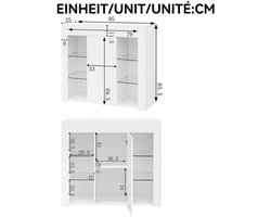 Dressoir – Buffetkast – Opbergkast – Ladekast – Wandkast – Modern Wit Hoogglans – Compact 95x35x83 cm – Glazen Deuren en Planken – Duurzaam Niet-Hout Materiaal