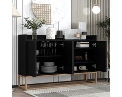 Dressoir, dressoir met gouden metalen poten, modern opbergmeubel, kast, 4 deuren - 120 x 30 x 80 cm, voor keuken, eetkamer, woonkamer (zwart)