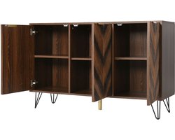 Dressoir, Exclusief driedeurs dressoir met stijlvolle details en veel opbergruimte. Deuren van massief houtfineer met een concave en convexe textuur. Bevat laminaat. Klein kastje met gouden accenten.