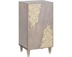 Dressoir grijs goud 40 x 33 x 75 cm massief hout mango met gouden accenten en messing poten voor woonkamer eetkamer