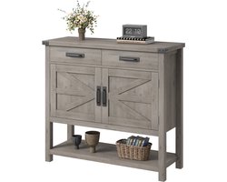 Dressoir Grijs Met 2 Deuren En 2 Lades, Smalle Haltafel En Consoletafel Met Opbergruimte, Landelijke Buffetkast Voor Woonkamer, Hal En Eetkamer, 86 X 90 X 36 Cm