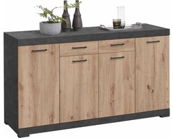 Dressoir Hermes Artisan Eiken - Matera - Breedte 160 cm - Hoogte 89.9 cm - Diepte 49.9 cm - Met lades - Met planken - Met openslaande deuren
