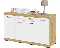 Dressoir Hermes Wit - Artisan Eiken - Breedte 160 cm - Hoogte 89.9 cm - Diepte 49.9 cm - N - Met openslaande deuren