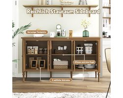 Dressoir Hout Bruin met 4 Deuren en Open Kast – Vintage Buffetkast & Commode met Opbergruimte – Medahomestore Houten Sideboard voor Woonkamer, Eetkamer & Keuken – Retro Houten Kast met Verstelbare Planken & Metalen Handgrepen – 151x40,5x80 cm