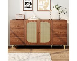 Dressoir in rotan walnootlook - Commode met schuifdeuren, laden, verstelbare planken, opbergkast voor woonkamer, eetkamer en hal (hout 2)