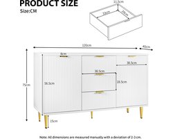 Dressoir in wit en goud, 2 deuren, 3 laden, frontpaneel met verticale strepen, 120*40*75 cm, eetkamerkast, hoekkast, nachtkastje, badkamerkast, opbergkast