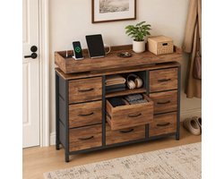 Dressoir industrieel 108 cm met 8 lades tijgerhoutlook LED verlichting en stopcontact