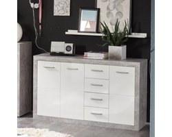 Dressoir Inga 152 cm met 3 deuren & 4 lades - beton/wit - Emob - Woonkamerkasten - Wit; Betonlook - Spaanplaat - Woonkamerkasten - Op voorraad