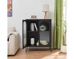 Dressoir Karlskrona metaal met geribbeld glas zwart 101x80x40 cm [en.casa]