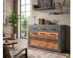 Dressoir Kast 117x37x86 cm – Rustiek Modern Sideboard met 3 Deuren, 3 Lades en 3 Planken – Graphiet Grijs & Alteiken Look – Opbergkast voor Woonkamer, Hal, Slaapkamer – Yesdeals