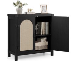 Dressoir Kast met Rotan Deuren en Lade - Zwarte Buffetkast met Opbergruimte - Boho Webbing Design - Voor Woonkamer & Hal - 80x35x84 cm - Zwart