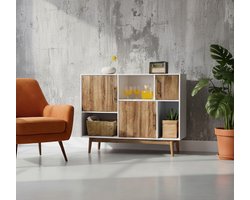 Dressoir Kast Modern Houten Sideboard met 3 Deuren – 6 Opbergvakken – Massief Constructie – Stabiel op 4 Poten – 95x31x76 cm – Wit/Naturel – House&Garden