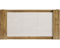 Dressoir, kasten in hoogglans wit en hout, greeploos design, afgeschuinde deuren die tevens als handgrepen dienen, softclose scharnieren en verstelbare planken