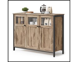 Dressoir keukenkast - Industrieel design - Camel bruin met zwart - Met glazen deuren - Stalen frame - Voor keuken, eetkamer en woonkamer - 35x100x75 cm - Houtlook - Verstelbare poten - Met anti-kantel beveiliging