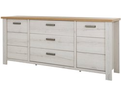 Dressoir Mano 220 cm – 2 deuren en 3 laden – Wit gekalkte houtstructuur met eik artisan bovenblad
