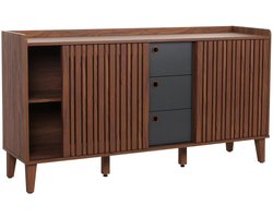 Dressoir MCW-M48, ladekast, opbergvak met schuifdeur, mango massief hout MDF 81x150x40cm ~ walnoot look, laden donkergrijs