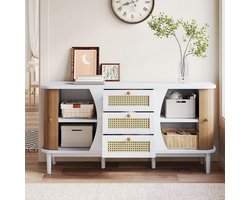 Dressoir met 2 schuifdeuren en 3 rotan laden, landelijke stijl, opbergkast voor hal, slaapkamer en woonkamer, 140,5 x 40 x 76 cm, wit