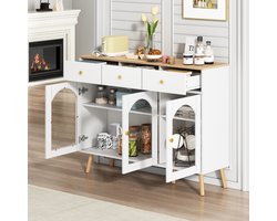 Dressoir met 3 lades en 3 gebogen deuren - breed kastje - gemaakt van gehard glas - wit en houtkleur