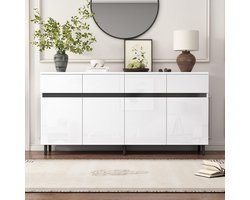 Dressoir met 4 Deuren 150x40x82 cm – Hoogglans Wit Dressoir met Gouden Handgrepen en Verstelbare Planken – Luxe Woonkamerkast / Buffetkast – Bella