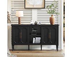 Dressoir met 4 Deuren en Open Rek – Medahomestore Vintage Sideboard Buffetkast Hout Zwart – Grote Opbergruimte voor Woonkamer, Eetkamer, Keuken – Stijlvolle Accentkast, TV-meubel en Consoletafel