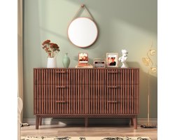Dressoir met 6 Laden – Walnootkleur met Fluted Design – Houten Opbergkast voor Woonkamer, Slaapkamer & Hal – Modern