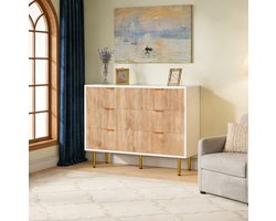 Dressoir met 6 Lades - ADFBL - Brede Ladekast 100 cm - Wit & Hout met Gouden Accenten - Moderne Commode met Ribbelstructuur - Opbergkast voor Slaapkamer & Woonkamer