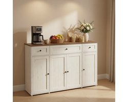 Dressoir met Gereedschapsloze Montage – Wit/Honingbruin Buffetkast met 3 Lades, 3 Deuren en Verstelbare Planken – 140 x 39 x 81,3 cm.