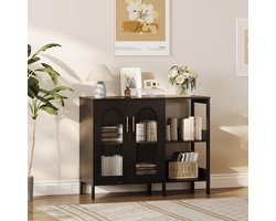 Dressoir met Glazen Deuren en 2 Open Schappen - Elegante Opbergkast / Buffetkast - Voor Woonkamer, Keuken & Hal - Ribbelglas
