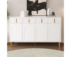 Dressoir met gouden handgrepen en poten, 4 deuren, 4 laden, met uitneembaar laminaat, geschikt voor woon- en eetkamer, 140 x 38 x 82 cm.