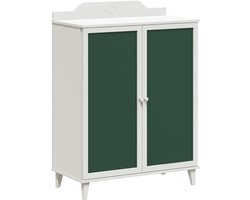 Dressoir met krijtbord van wit hout en groene deuren, veel opbergruimte met planken, onderhoudsvriendelijk oppervlak