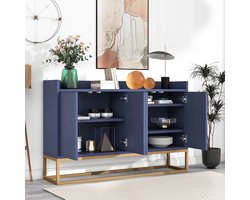 Dressoir met lades in minimalistische stijl, marineblauwe moderne buffetkast met 4 deuren, metalen poten, ladekast met verstelbare plank, multifunctionele kast voor eetkamer, woonkamer, 120x30x80cm