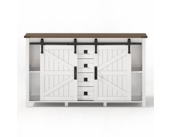 Dressoir met opbergruimte, 137 cm brede zijkast met schuifdeuren en 4 lades, vintage koffiebar dressoir, geschikt voor keuken, eetkamer en woonkamer, wit