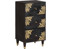 Dressoir met plank, zwart, 40 x 33 x 75 cm, massief hout mango, goudkleurig zeefdrukdesign met messing handgrepen en poten, voor woonkamer of eetkamer