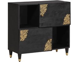 Dressoir met plank, zwart, 80 x 33 x 75 cm, van massief mangohout, gouden bedrukte designs en messing handgrepen, commode met veel opbergruimte voor de woonkamer