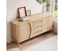 Dressoir met Rotan Deuren en Laden - Walnootlook Opbergkast voor Woonkamer en Hal