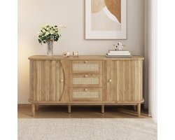 Dressoir met rotan, walnootlook, commode met schuifdeuren, laden, verstelbare planken, opbergkast voor woonkamer, eetkamer en hal (natuur + spaanplaat)