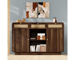 Dressoir met rotan, walnootlook, commode met schuifdeuren, laden, verstelbare planken, opbergkast voor woonkamer, eetkamer en hal (walnoot)