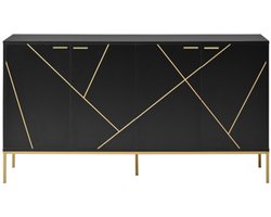 Dressoir met vier deuren, metalen poten, tv-kast, kledingkast, lineair design met metalen lijndecor, zwart+goud, afmetingen: H 80 cm / B 150 cm / D 40 cm