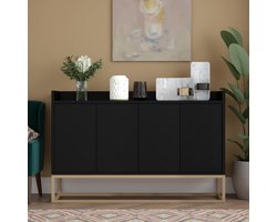 Dressoir Modern - 120 x 30 x 80 cm - 4 Deuren - Push-to-Open - Met Metalen Onderstel - Zwart