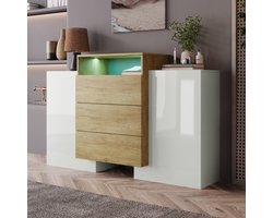Dressoir, moderne ladekast, kast 140cm, hoogglans wit en houtkleur, veelkleurige LED-lichteffecten. Stijlvolle opbergoplossing