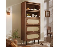 Dressoir Notenhout met Rotan 80x40x163 cm, Hoge kast 5 Kleppen, Ladekast Hout Metalen poten, grote opbergruimte, Woonkamer Hal Keuken Kast