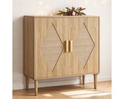 Dressoir - Opbergkast - Boho Stijl Rotan - Met Ruitpatroon Deuren & Verstelbare Planken - Houten Frame - 80 x 40 x 88 cm - voor Eetkamer, Woonkamer & Gang - Naturel