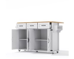 Dressoir Opbergkast Keukeneiland Met Klapbaar Werkblad 140x43(70)x90.5cm Vijf Vergrendelbare Wielen Vier Deuren Drie Lades Dubbelzijdige Handdoekhouders Schuurstijl Design Wit+Natuurlijke Kleur Geschikt Voor Keuken Eetkamer Of Woonkamer