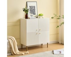 Dressoir – Opbergkast – Ladekast – Buffettafel – Sideboard – Wit – Gouden Handgrepen – Stevige Stalen Poten – Ruime Opbergruimte – Smal Vloermodel