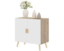 Dressoir / Opbergkast - Scandinavisch Design - Wit & Eikenlook - 2 Deuren - Met Houten Poten - Verstelbare Planken