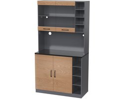 Dressoir opbergkast vitrinekast met LED-verlichting 8 open vakken 1 ruim werkblad een paar glazen dubbele deuren en 1 kast modern en elegant ontwerp 100x47x187 cm houtkleur