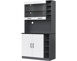 Dressoir opbergkast vitrinekast met LED-verlichting 8 open vakken 1 ruim werkblad een paar glazen dubbele deuren en 1 kast modern en elegant ontwerp 100x47x187 cm wit